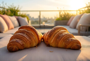 Obraz premium Breakfast lifestyle and morning leisure, fresh buttery croissants on a rooftop terrace lounge with city skyline view at sunrise for travel and hospitality