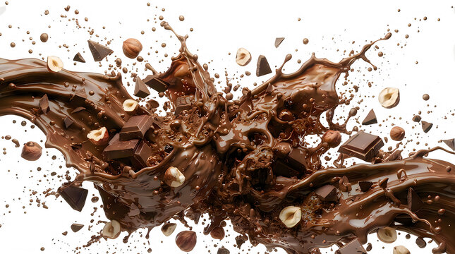 Delicious liquid chocolate splash with chopped hazelnut pieces flying in the air