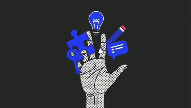 Creative hand illustration featuring icons for ideas problem solving and communication.