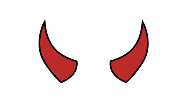 Simple graphic representation of a pair of bright red devil horns with black outlines isolated on a plain white background for halloween.