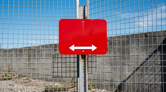 Blank red sign mockup with double arrow, industrial metal fence barrier, copy space for warning notice