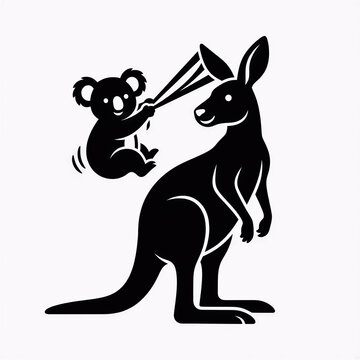 Koala hanging from kangaroo ear black and white vector illustration