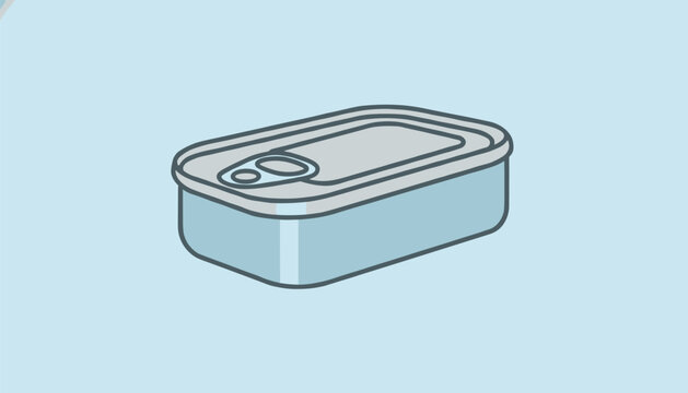 Light blue rectangular sardine or seafood can with a ring-pull lid shown from a perspective angle on a soft blue background.