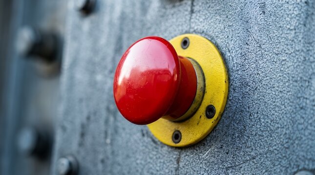 Vibrant red emergency stop button, a critical safety control mechanism. Industrial machinery interface, a prominent warning signal for immediate action. Essential equipment for system shutdown