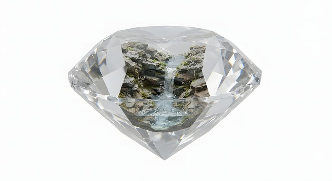 A surreal conceptual miniature landscape with a fresh mountain waterfall and rocky stream encased inside a brilliant cut clear diamond, isolated on a white background.
