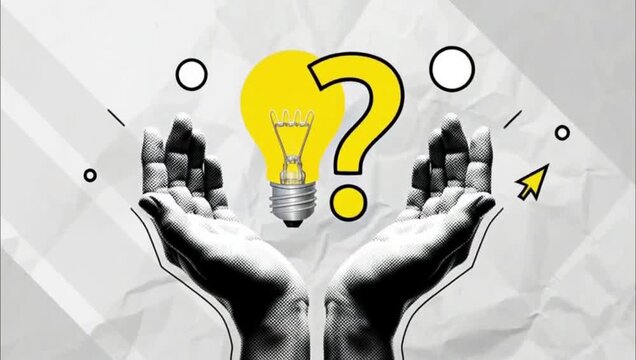 Conceptual illustration of human hands holding a lightbulb and a question mark symbol.