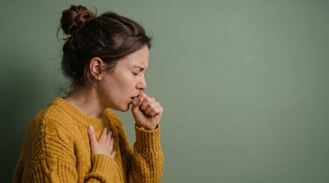 Young sick woman coughing holding chest suffering from respiratory infection cold and flu symptoms