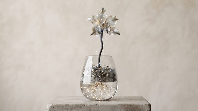 Futuristic Metallic Flower Growing Inside a Glass Vase with Glowing Digital Roots