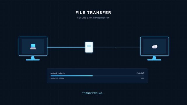 Modern Digital UI File Transfer Animation with Computer Monitors, Progress Bar, and Secure Data Transmission on Dark Background