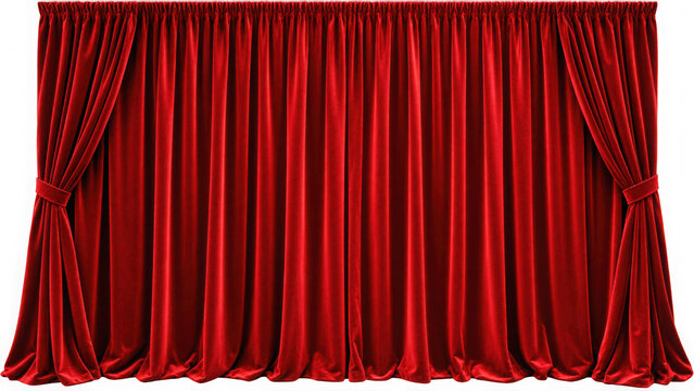 Elegant red velvet curtains isolated PNG on transparent background, stage drapes for theater performance and interior design use
