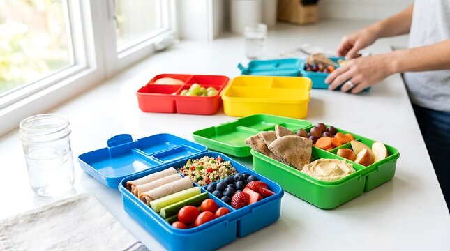 Person preparing healthy lunch boxes with fresh fruits and vegetables in a bright home kitchen. nut free meal plan