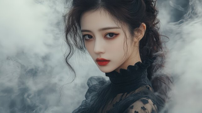 Young Asian woman with dark makeup posing in thick smoke for a dramatic fashion concept