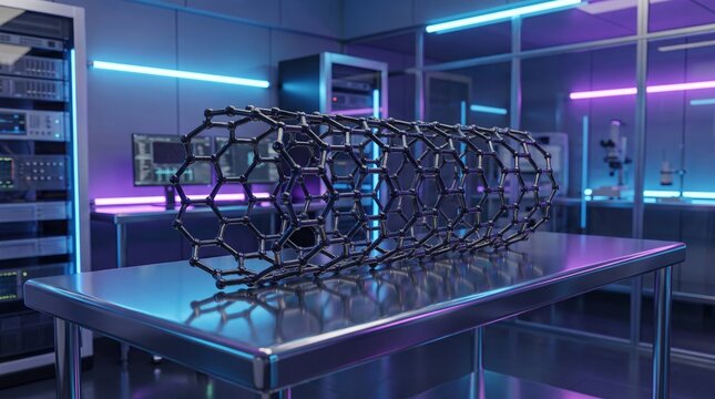 Carbon nanotube structure model sitting on a metallic laboratory table inside a high tech research facility illuminated by neon lights