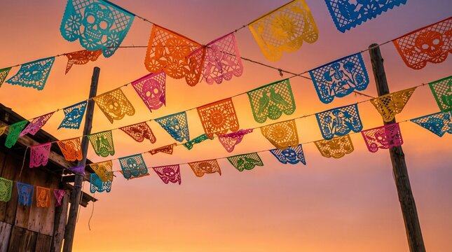 Colorful papel picado banners hanging at sunset for Las Posadas  