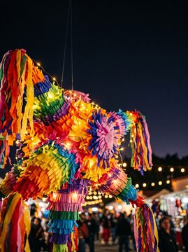 Colorful pi&ntilde;ata illuminated at night during festive celebration. Las Posadas  