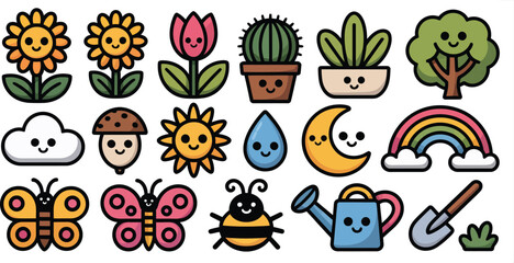 Obraz premium Cute nature icons collection featuring sun moon flowers tree cactus butterfly and garden tools for outdoor environment designs.