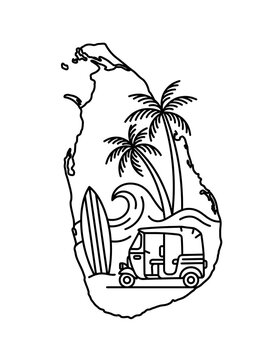 Sri lanka map illustration featuring surfboard, tuk tuk, and palm trees for travel tourism branding
