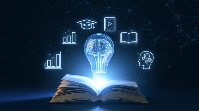Open book with a glowing light bulb containing a digital brain surrounded by floating education and technology symbols on dark background