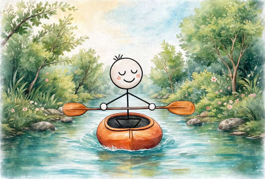 Stick figure character paddling a kayak on a calm river through a green watercolor forest.
