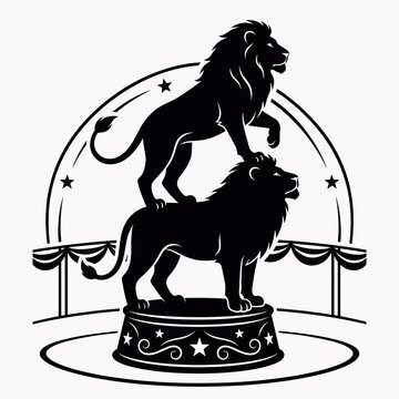 Two lions standing on a circus pedestal in a black and white vector illustration.
