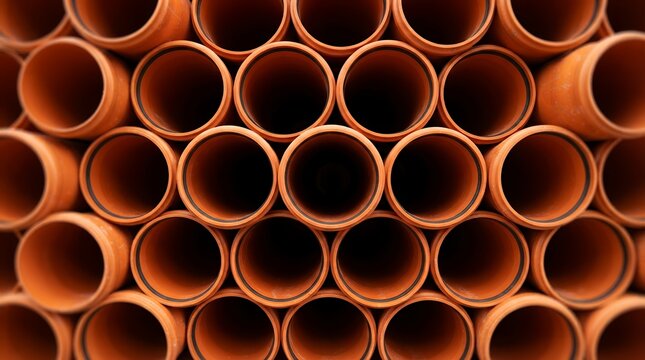 Terracotta clay drainage pipes stacked in repeating pattern, industrial ceramic tubing background, building site construction materials