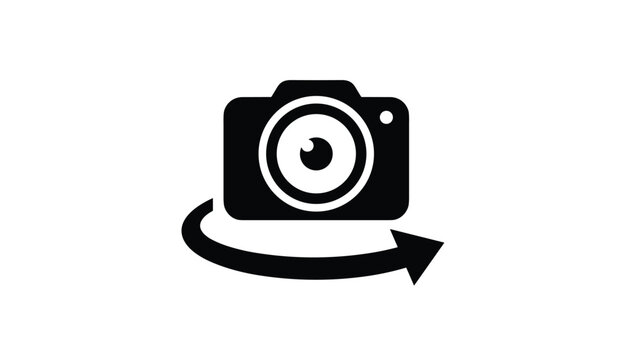 Black camera icon with a curved arrow indicating a rotation or switch function for photography and mobile app interface design.