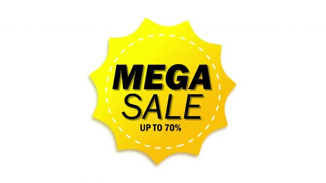 Mega sale discount up to 70% with yellow banner badge animation on transparent background, 4k video
