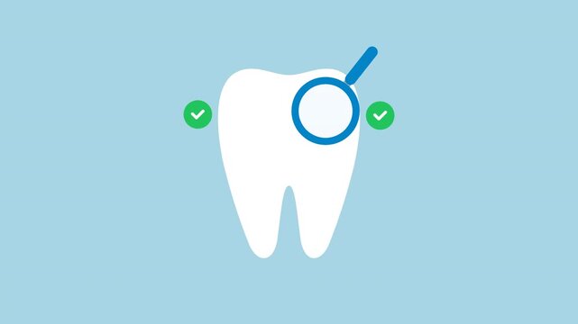 Flat dental icons showing tooth examination with magnifying glass