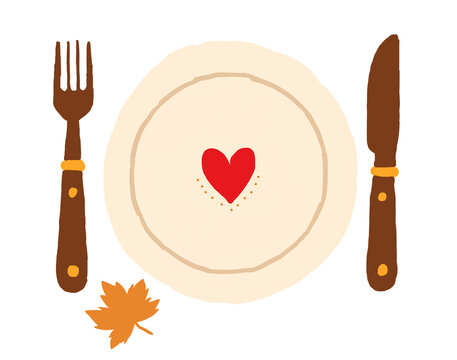 Thanksgiving Table Place Setting Plate Fork Knife and Autumn Leaf Vector