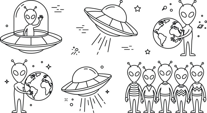 Alien characters and UFO spaceships collection featuring line art vector illustrations of futuristic martians, flying saucers, and planet earth for sci-fi design layouts.