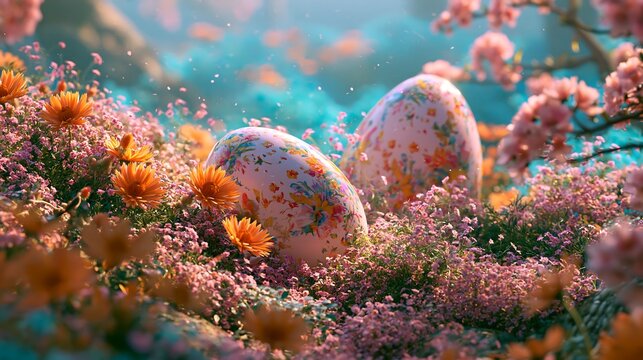 Two decorative easter eggs with floral patterns nestled in a field of orange and pink spring flowers under a soft, dreamy, light blue atmosphere