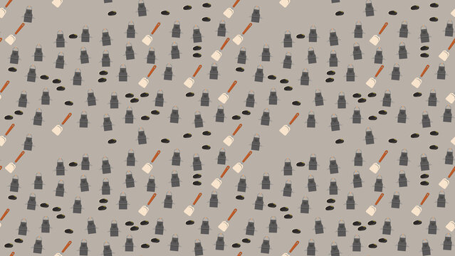 Seamless pattern of aprons, spatulas, and olives