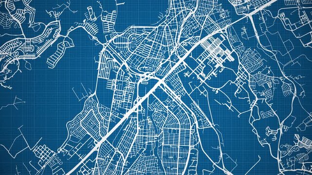 Ink reveal animation of S&atilde;o Jos&eacute; dos Campos city, S&atilde;o Paulo, Brasil (Brazil) grid map. Aerial top view. Blueprint style. White lines with blue background. 4K Seamless loop.