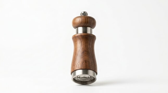 Wooden and stainless steel manual pepper grinder on white background