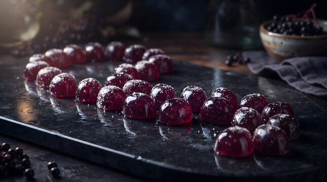 A batch of homemade elderberry gummy candies arranged on a dark slate board with fresh elderberries