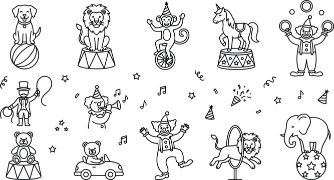 Circus animals and carnival clowns line art collection featuring a trained lion, elephant, monkey on unicycle, ringmaster, and performers for children coloring book designs.