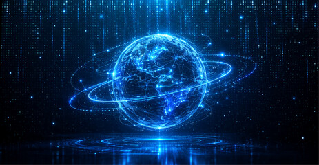 Fototapeta premium Glowing Digital Globe with Orbiting Data Rings and Light Particles