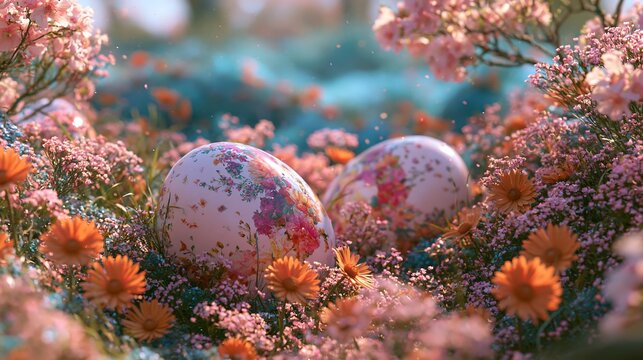 Two decorative easter eggs with floral patterns nestled in a field of orange and pink spring flowers under a soft, dreamy, light blue atmosphere