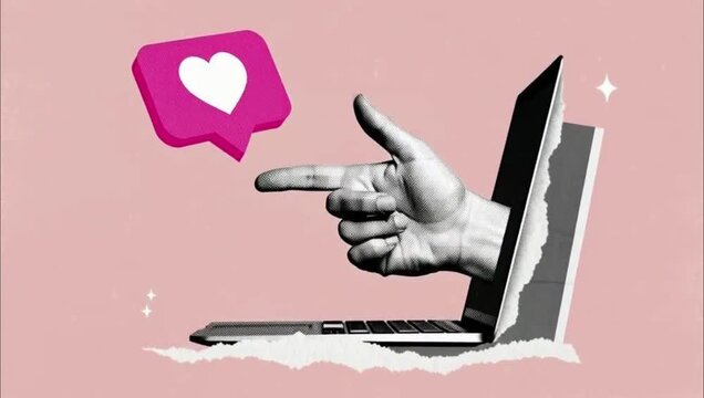 Surreal collage art showing a hand reaching out from a laptop screen with a heart notification icon.