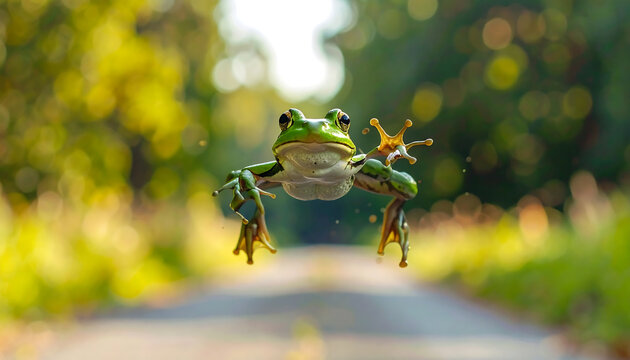 Amazing green tree frog leaping mid air with outstretched legs and webbed feet in a natural forest setting