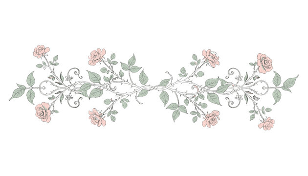 Romantic symmetrical pale pink wild rose vine border with delicate green leaves on a clean white background.