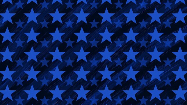 Repeating blue star pattern on a dark navy blue background, with diagonal brush, stroke textures creating, a subtle layered, visual effect