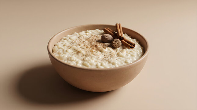 A creamy bowl of delicious nutmeg rice pudding garnished with cinnamon sticks and grated nutmeg powder