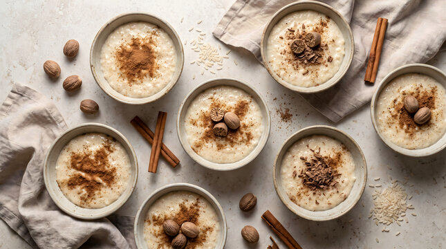 Top view of bowls filled with creamy nutmeg rice pudding garnished with cinnamon powder and whole nutmegs