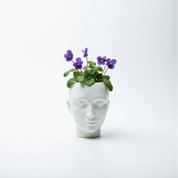 Ceramic head violet. Several small sweet violets (Viola odorata) in deep purple with heart-shaped leaves emerge from the top opening