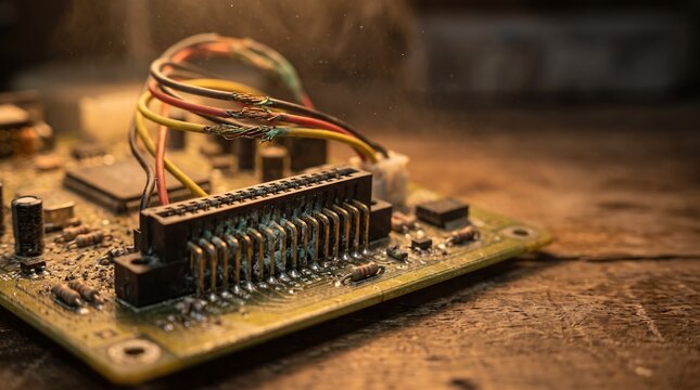 Damaged electronic circuit board with burnt wires on wooden table
