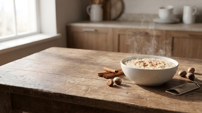 A steaming bowl of nutmeg rice pudding served on a rustic wooden table with cinnamon sticks and a grater