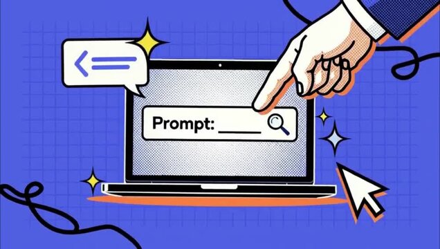 Illustration of a hand pointing at a search bar on a laptop screen representing artificial intelligence prompting.