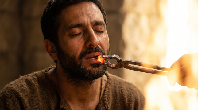 Close-up of Isaiah face, lips touched by live coal held with tongs by seraph, purification moment, biblical scene
