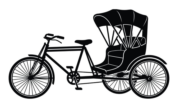 Black silhouette of traditional cycle rickshaw for urban passenger transport services.